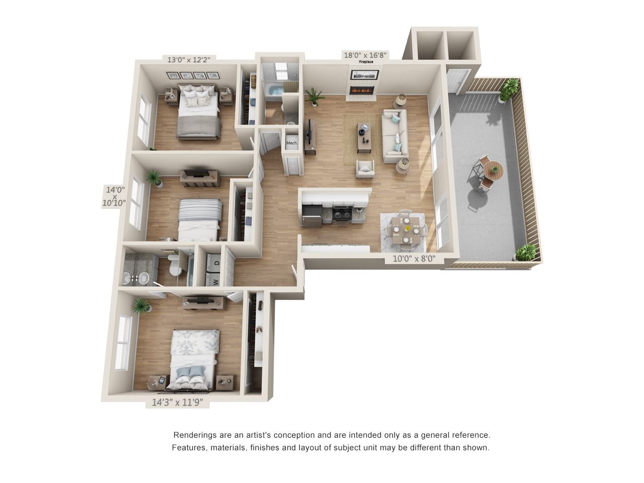 Floor plan for 3 beds, 2 baths, 1340 sqft